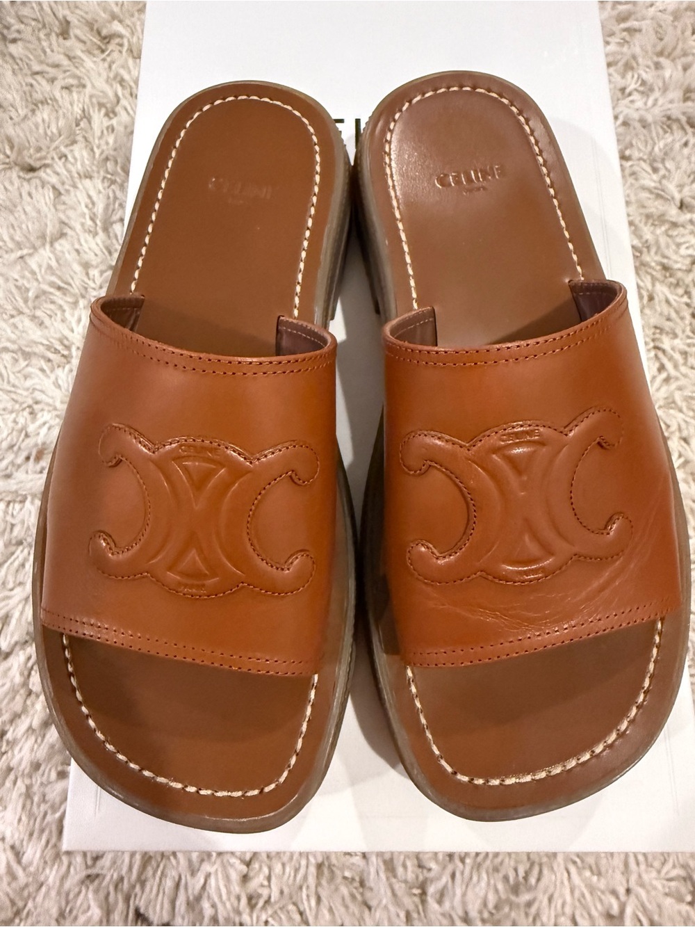 Celine Triomphe Platform Leather Slide Sandals Tan